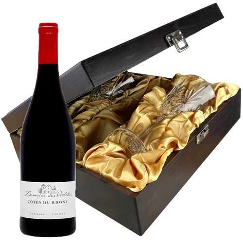 Les Violettes Cotes du Rhone 75cl Red Wine And Glasses In Luxury Presentation Box